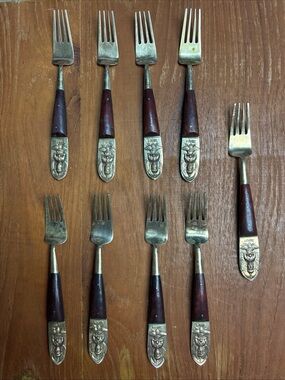 Vintage Siam Thailand Dinner Fork 7 in 9 Pieces Silverware Brass Wood Handle